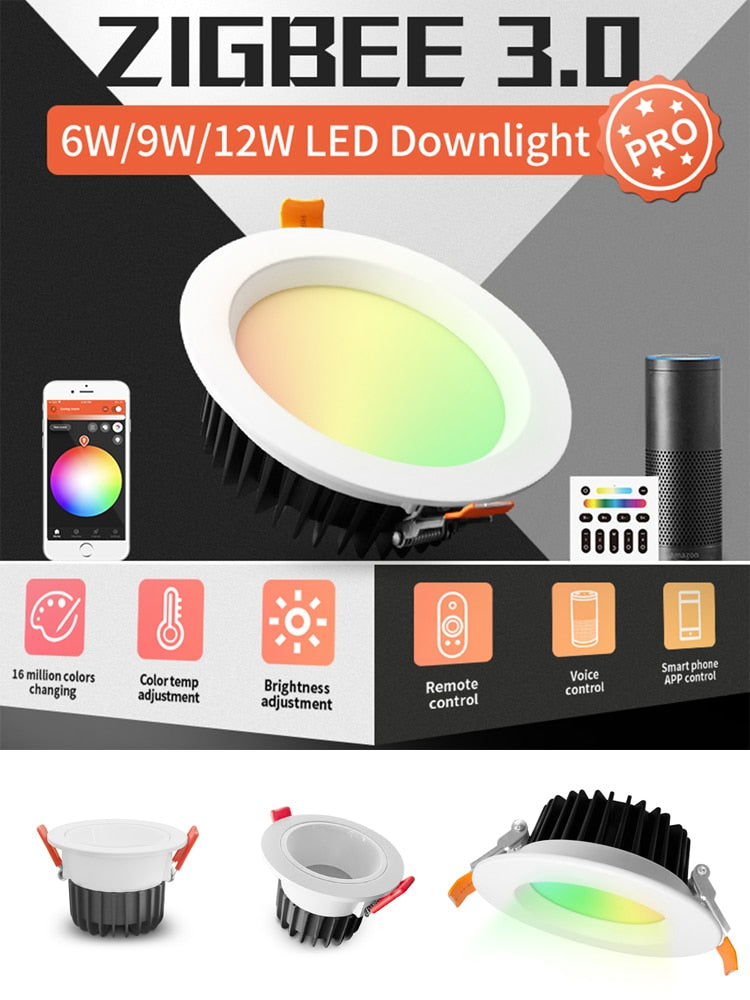 GLEDOPTO ZigBee 3.0 Smart RGBCCT Ceiling LED Downlights Pro 6W 9W 12W Spot Light Work With Amazon Echo Plus SmartThings App