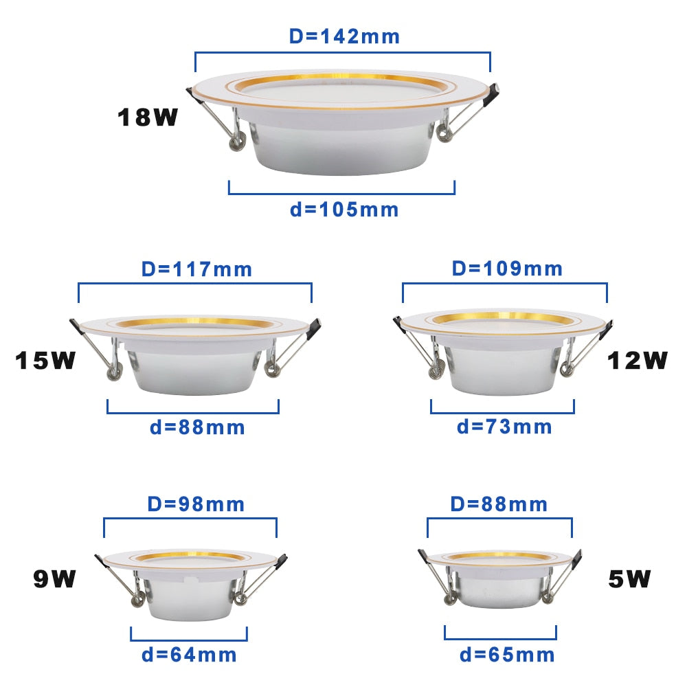 LED Downlight Recessed Round Gold Ceiling Light 5W 9W 12W 15W 18W White/Warm white Aluminum LED Down Lamp Ultra Thin AC220V