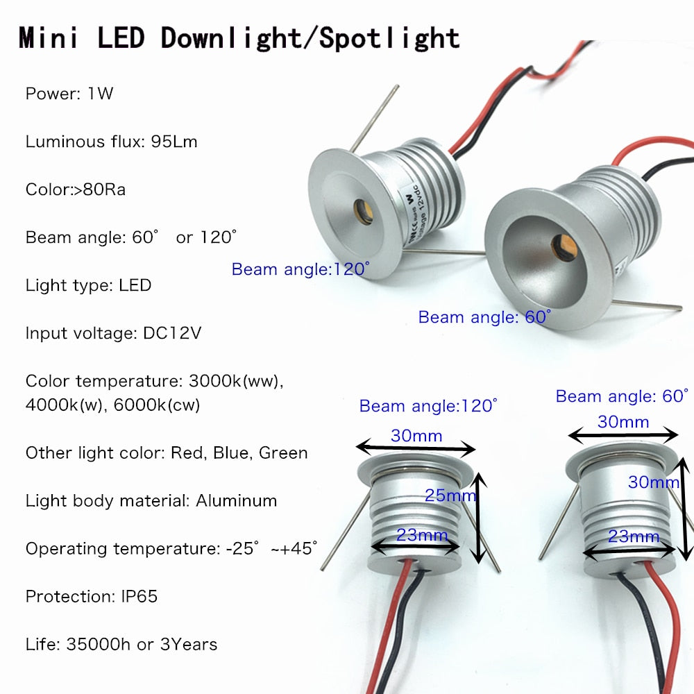 Mini Focus Led Spotlight 25mm 1W 12V Recessed Ceiling Downlight IP65 Spot Light Indoor Corridor Stair Gazebo Kitchen Lighting