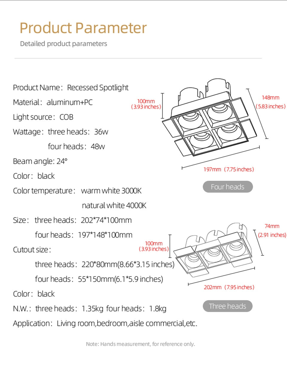 Aisilan LED Embedded Borderless Spotlight Three-head Four-head No Main Light Grille Ceiling Downlight for Living Room Bedroom