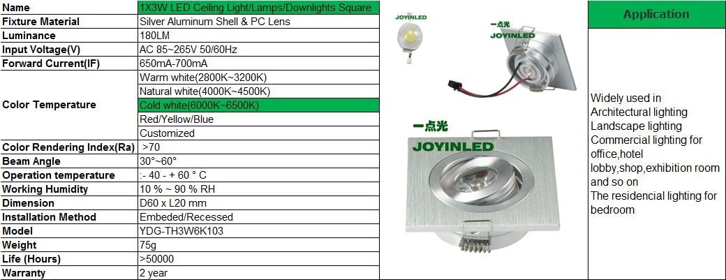 High quality Dimmable 3W 1*3w square Brush silver mini led downlight