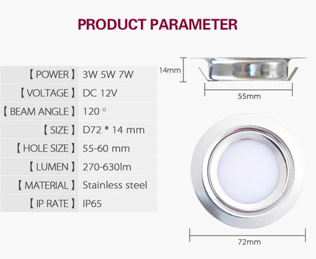 IP65 304 Stainless Steel 3W 5W 7W DC 12V LED Downlight for Home Kitchen Dining Spot Lighting 14mm Slim Mini Lamp