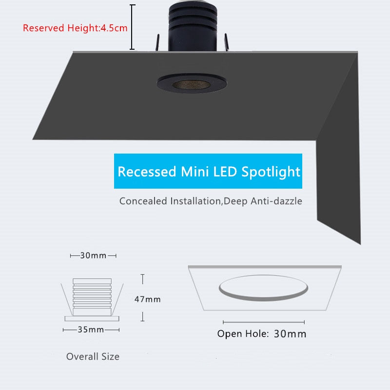 Mini Recessed LED Deep Anti-glare Downlight 3W Under Wine Cabinet Closet Cafe Bar Living Room Ceiling Spot Lighting With Driver
