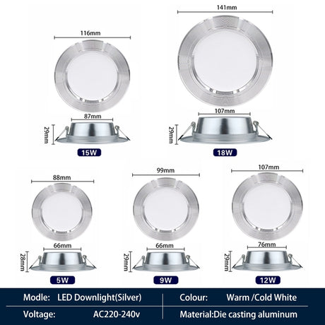 10pcs/lot 220V LED Downlight 5W 7W 9W 12W 15W 18W Round LED Spot Light Recessed LED Ceiling Downlight Light Cold Warm White Lamp