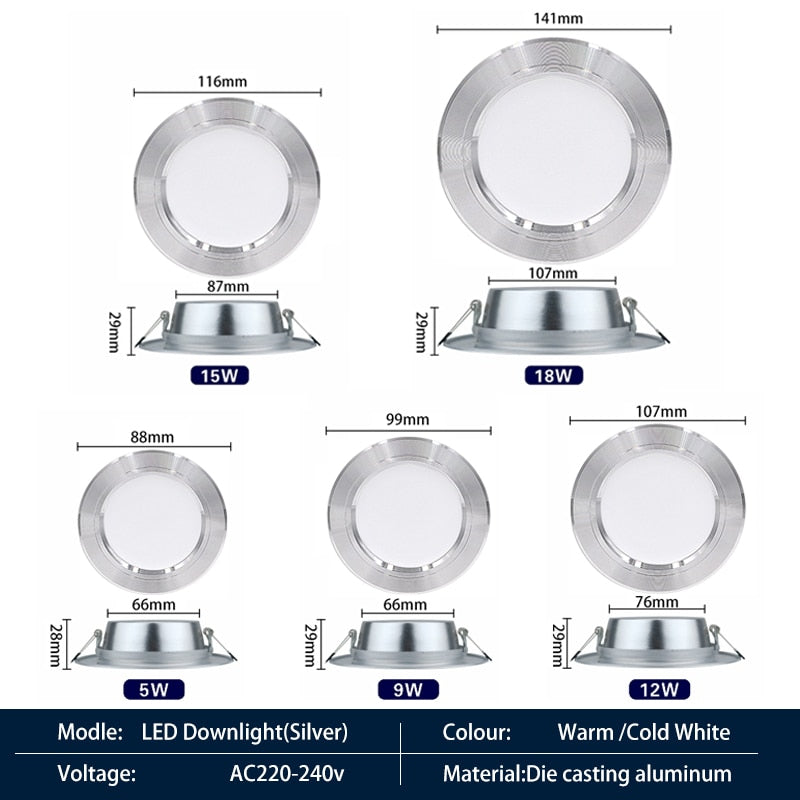 10pcs/lot 220V LED Downlight 5W 7W 9W 12W 15W 18W Round LED Spot Light Recessed LED Ceiling Downlight Light Cold Warm White Lamp