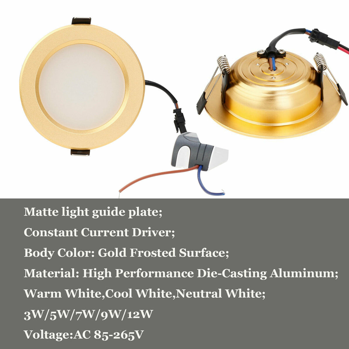 Golden LED Recessed 3W 5W 7W 9W 12W Ceiling Light Fixture Downlight Lamp + Driver Spotlight  Lighting For Home Office Decoration