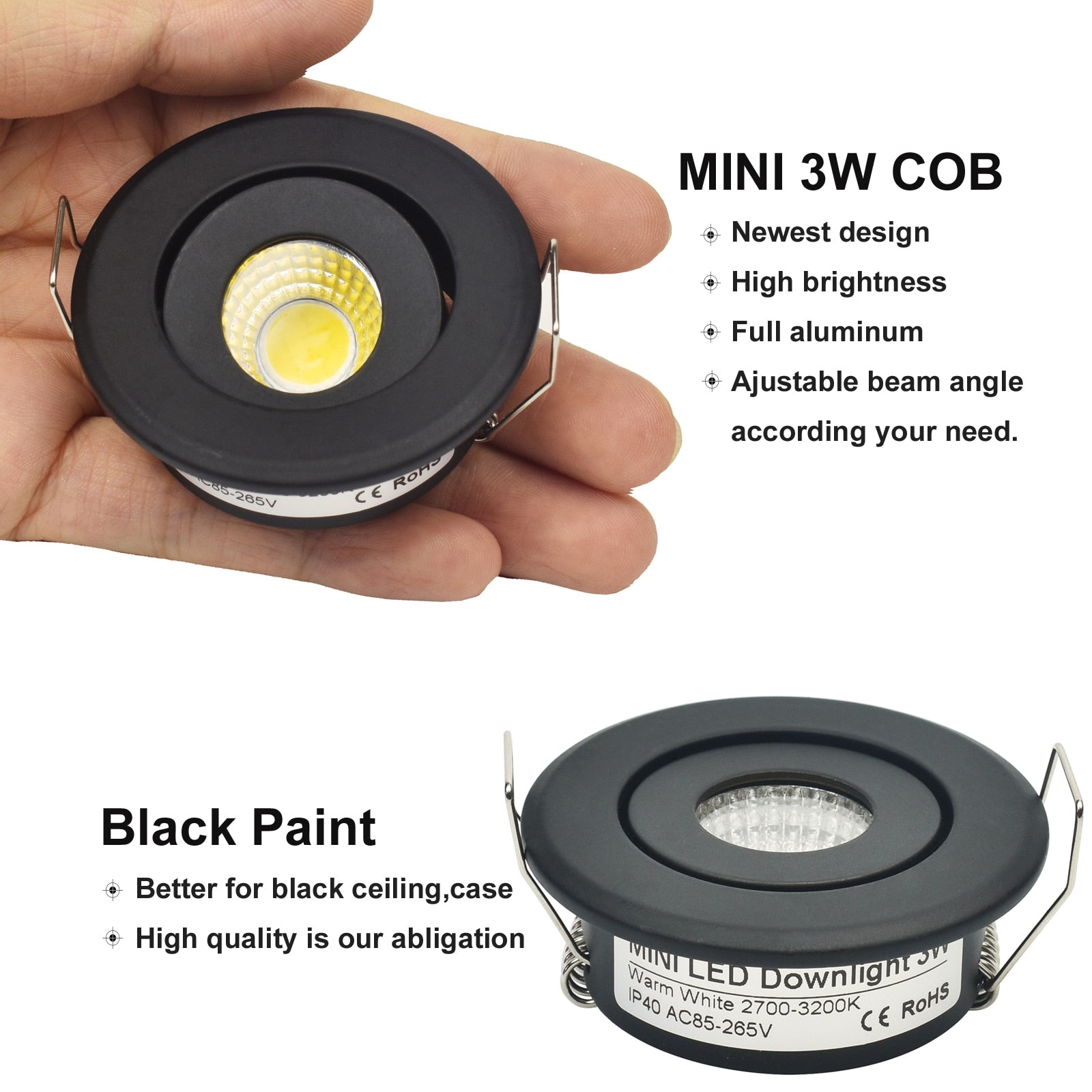 Mini 1W COB 3W Black Finish LED Downlight Recessed Spot Ceiling light 10pcs Cut 40-45mm Full Aluminum
