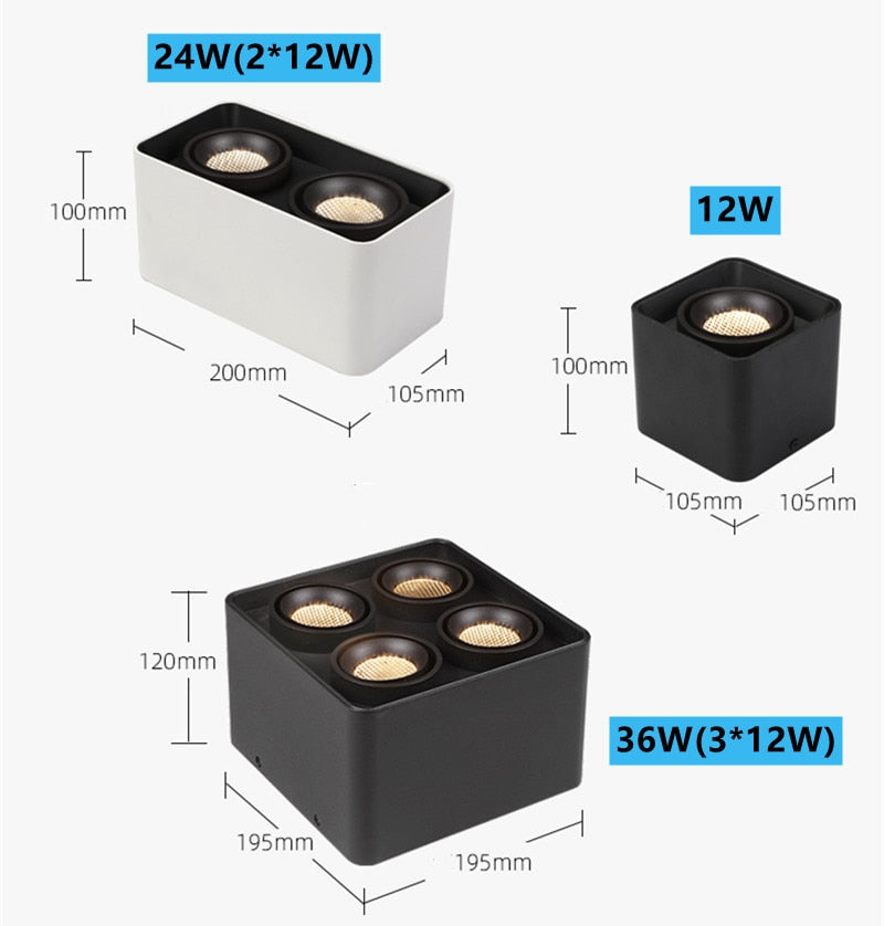 LED Ceiling Square Downlight 12W 24W 36W Dimmable 3000K Black Aluminum Ideal Spot Light for Hallway Corridor Gallery Display