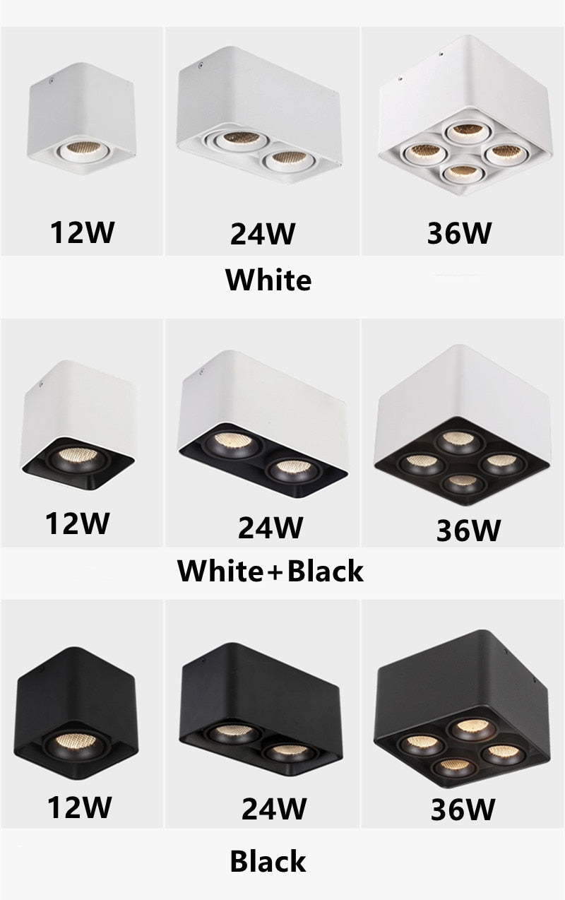 LED Ceiling Square Downlight 12W 24W 36W Dimmable 3000K Black Aluminum Ideal Spot Light for Hallway Corridor Gallery Display