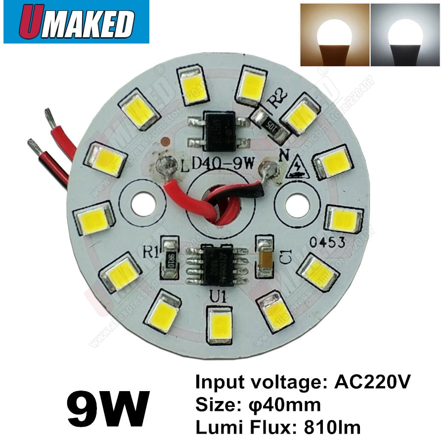 led pcb smd2835 with 20cm wire, led bead smart IC driver for bulb light, 3w 5w 7w 12w 15w 9W 40mm AC 220v downlight source