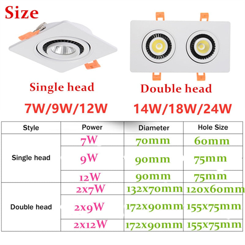 Dimmable 360° Rotation Recessed LED Downlight 7W 9W 12W 14W 18W 24W COB Spot Light Decoration Ceiling Lamp AC85-265V Indoor Lighting