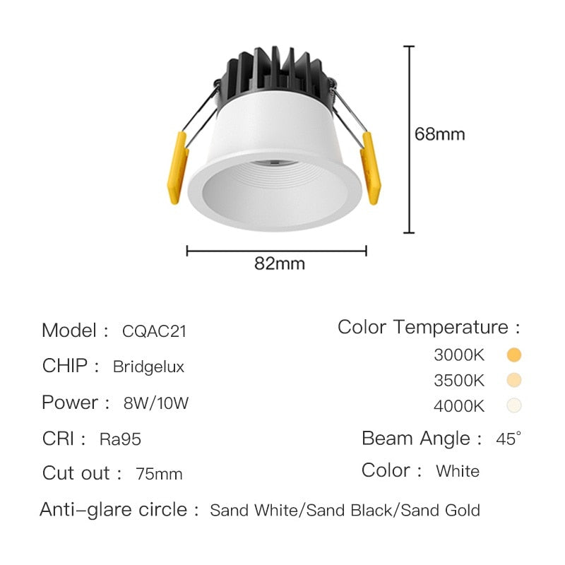 XrzLux High CRI Deep Anti-glare Round Embedded LED Downlight 10W COB Ceiling Spotlight IP65 Waterproof Recessed Led Ceiling Lamp