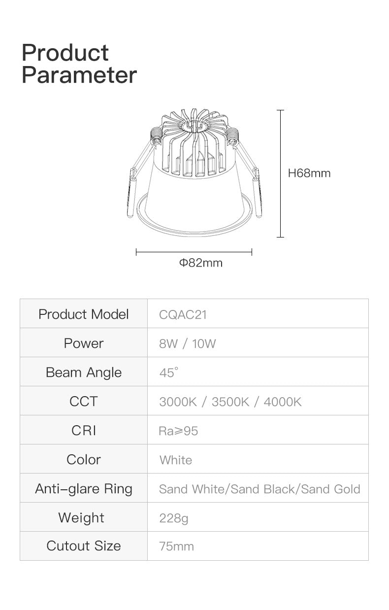 XrzLux High CRI Deep Anti-glare Round Embedded LED Downlight 10W COB Ceiling Spotlight IP65 Waterproof Recessed Led Ceiling Lamp