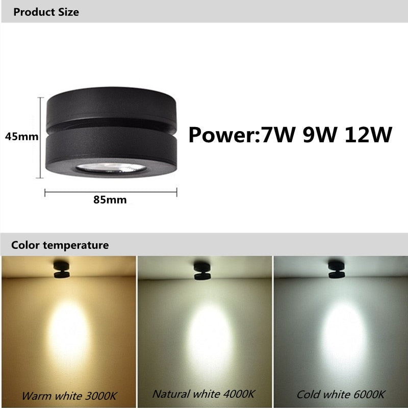 Folding Round shape COB LED Ceiling Lights 7W 9W 12W Surface Mounted Led Downlights Spot Light 360° Rotation AC220V