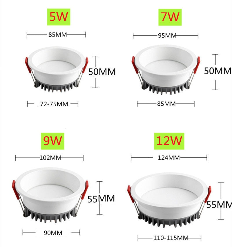 Dimmable AC85~265V Recessed Anti Glare LED Downlights 5W/7W/9W/12W LED Ceiling Spot Lights Background Lamps Indoor Lighting
