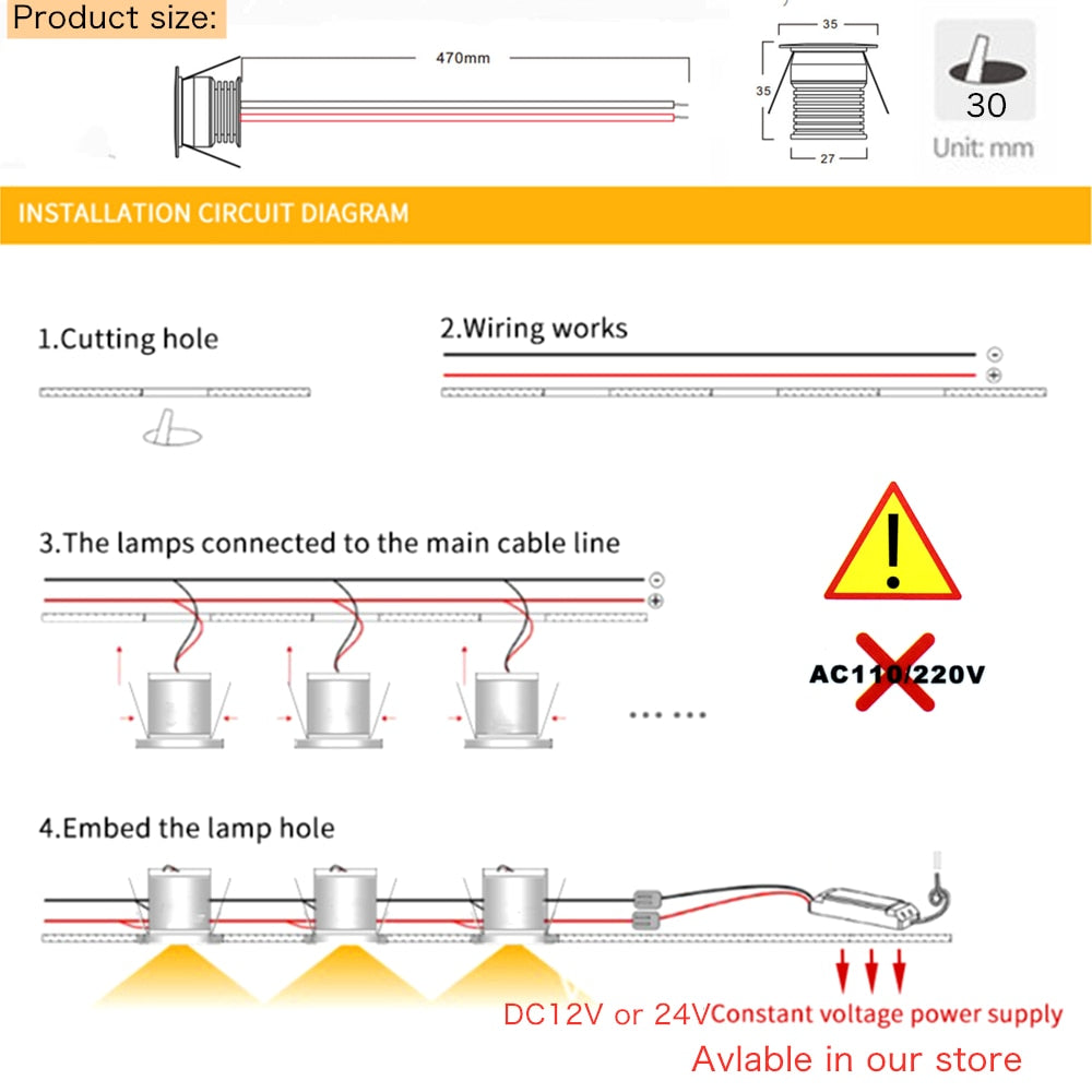 Dimmable 3W Led Spotlight 30MM Ceiling Spot Bulb Lamps DC12V 24V Downlights for Living Room Cabinet Bedroom Home Corridor Light