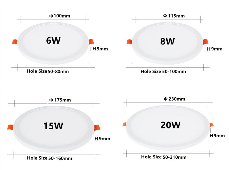 Ultra Thin Square LED Panel Light 6W 8W 15W 20W Aluminum Round Ceiling Recessed Downlight Open Hole Adjustable AC220V-240V