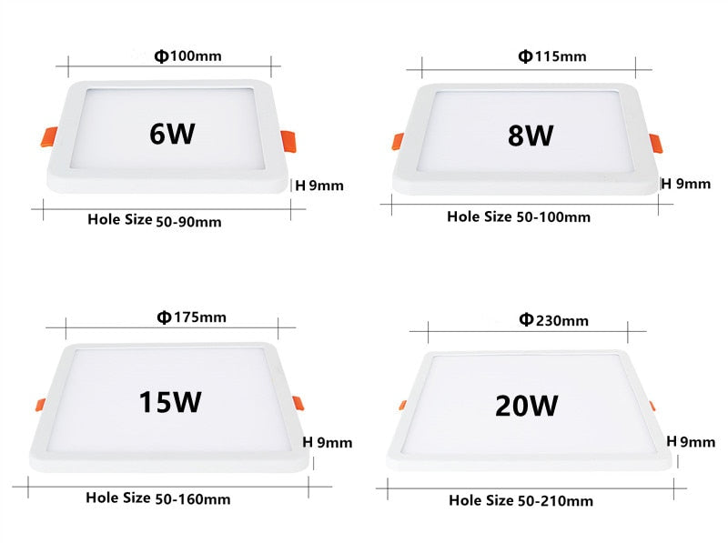 Ultra Thin Square LED Panel Light 6W 8W 15W 20W Aluminum Round Ceiling Recessed Downlight Open Hole Adjustable AC220V-240V