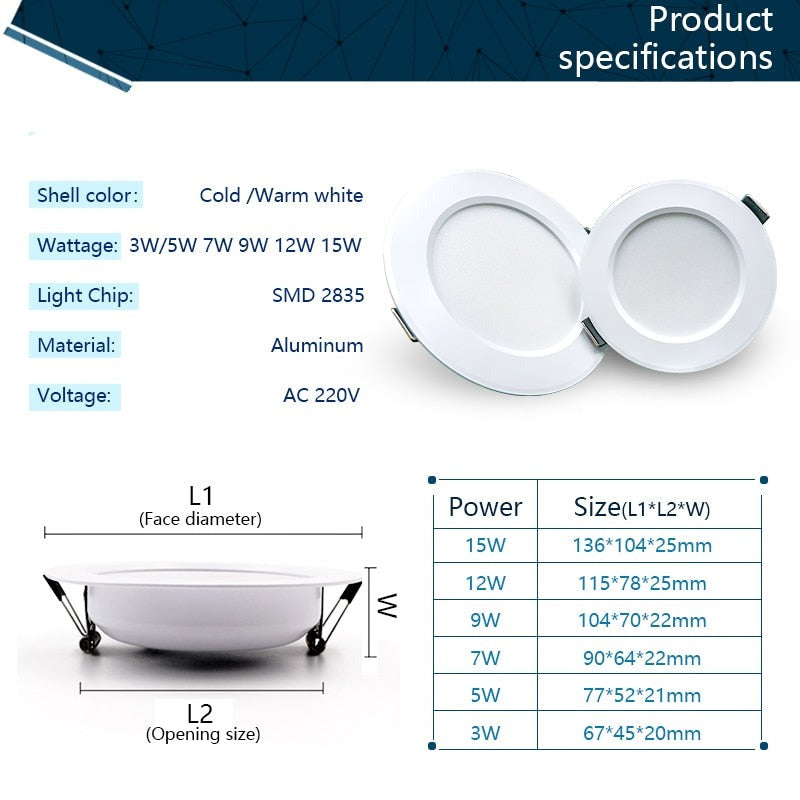 LED Downlight 3W 5W 7W 9W 12W 15W 6pcs/lot AC220V 240V Warm Cold White Recessed LED Lamp Spot Light Led Bulb For Bedroom Kitchen
