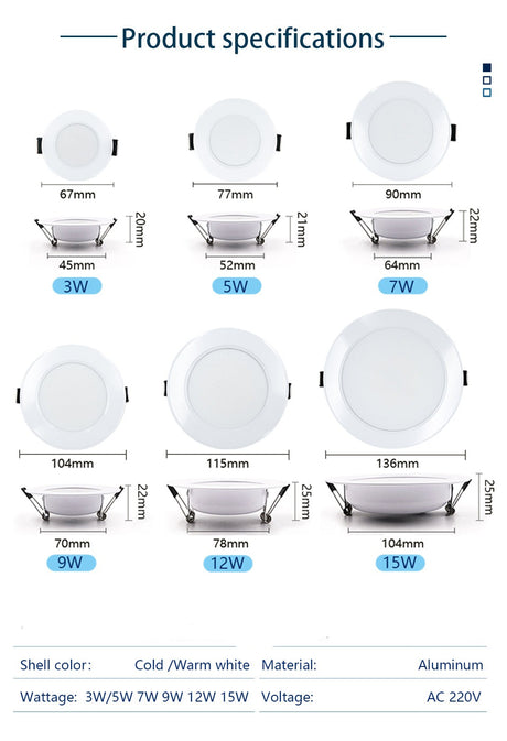 LED Downlight 3W 5W 7W 9W 12W 15W 6pcs/lot AC220V 240V Warm Cold White Recessed LED Lamp Spot Light Led Bulb For Bedroom Kitchen