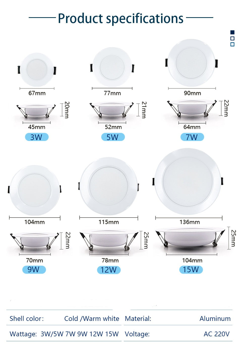 LED Downlight 3W 5W 7W 9W 12W 15W 6pcs/lot AC220V 240V Warm Cold White Recessed LED Lamp Spot Light Led Bulb For Bedroom Kitchen