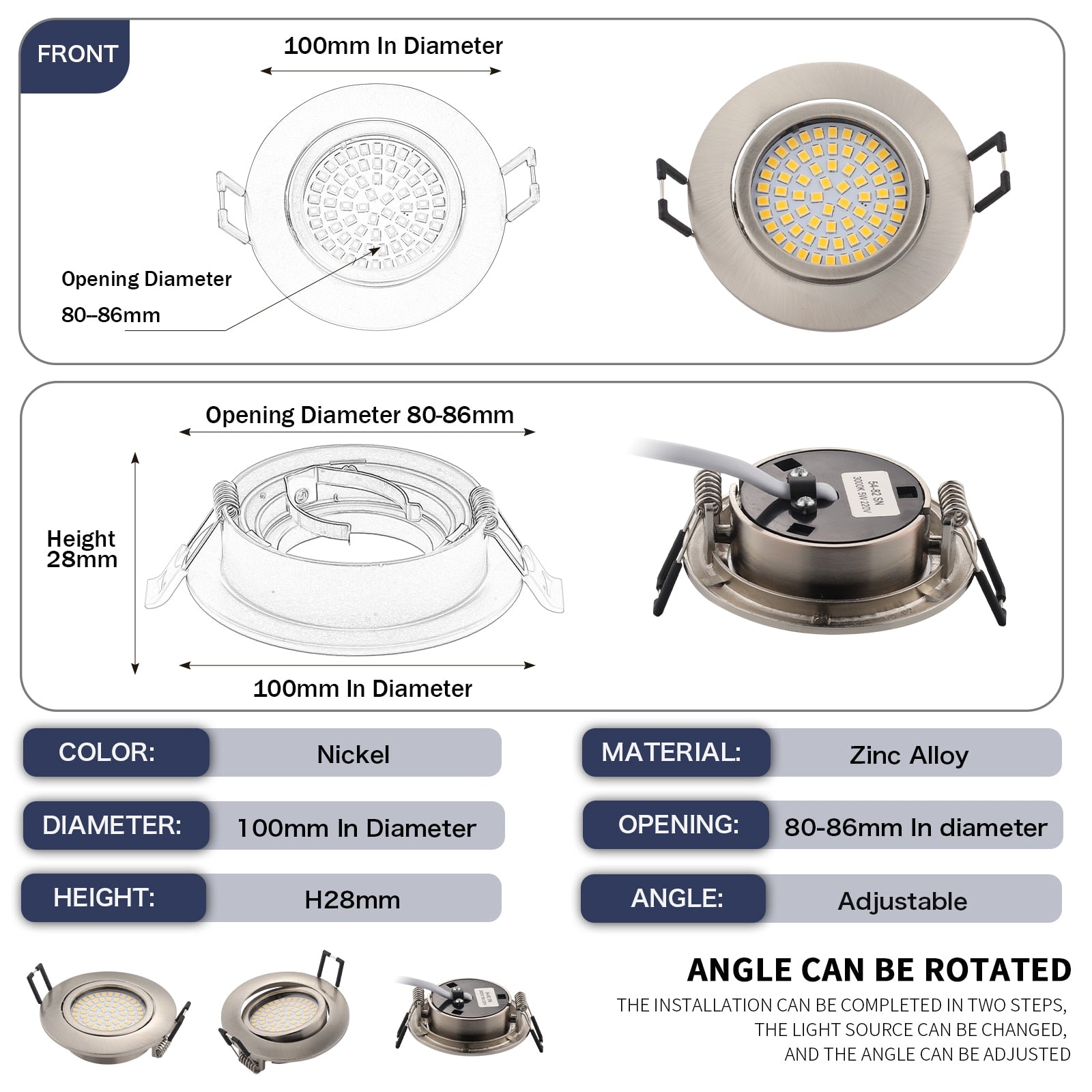 The New LED Downlight Spotlight Round Integrated Nickel Ceiling Downlight Angle Adjustable AC90-260V Home Office Hotel Lighting