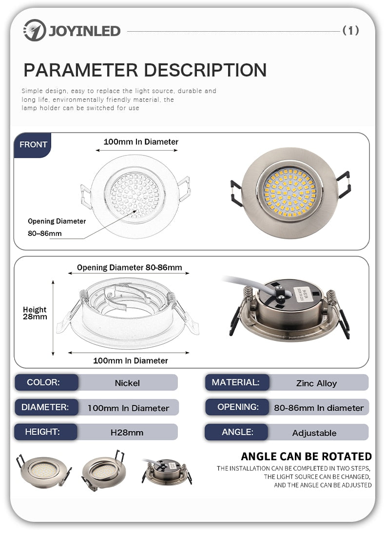 The New LED Downlight Spotlight Round Integrated Nickel Ceiling Downlight Angle Adjustable AC90-260V Home Office Hotel Lighting