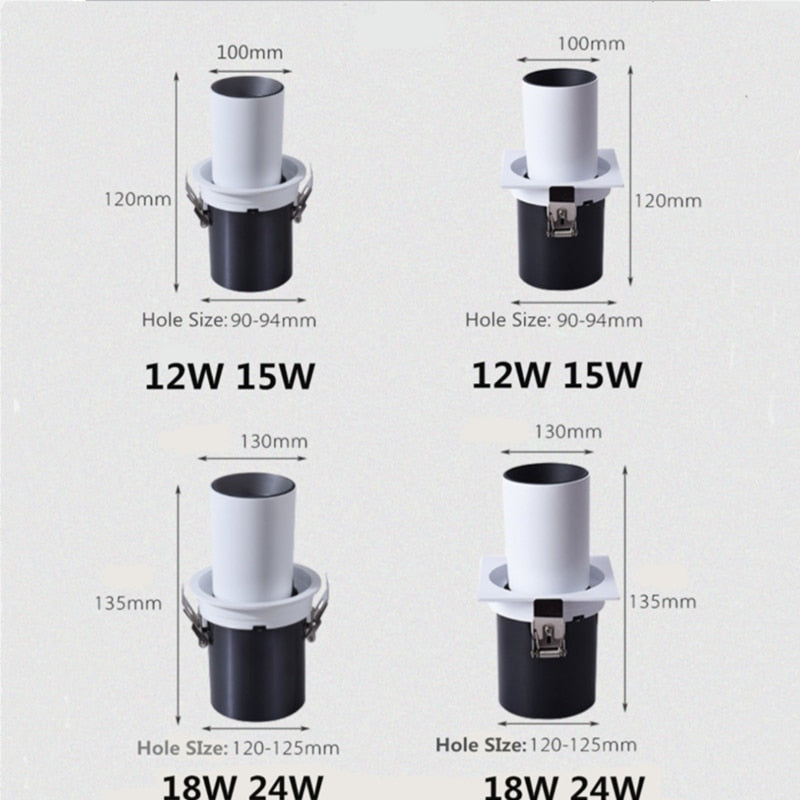 Kitchen Living room Indoor square Angle Adjust Stretchable LED COB Recessed Downlight 12W 15W 18W 24W LED Ceiling Spot