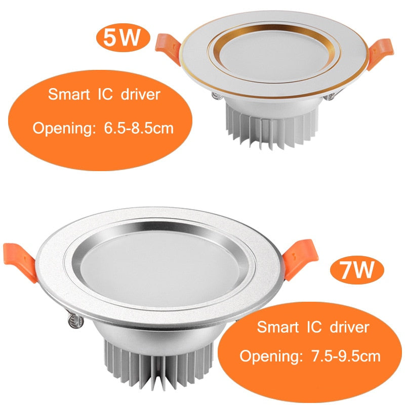 NEARCAM LED Downlight 5W 7W Embedded Round LED Spotlight AC 220V 230V 240V Indoor Lighting Warm White Cool White Tri-color Light