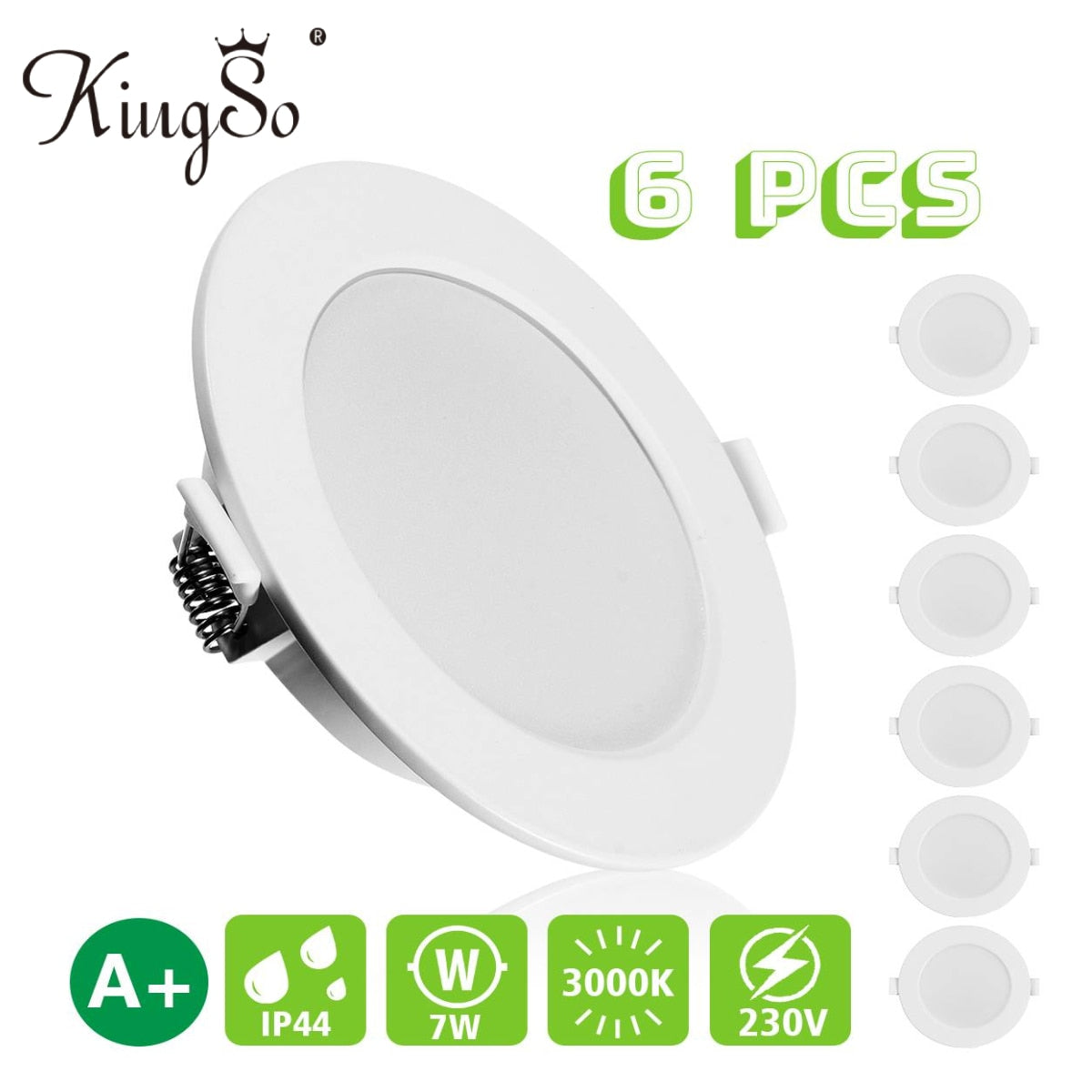 KingSo 6PCS LED Downlights 7W 600LM 230V 100mm 3000K IP44 Recessed Ceiling lights for Living Room Bedroom Kitchen