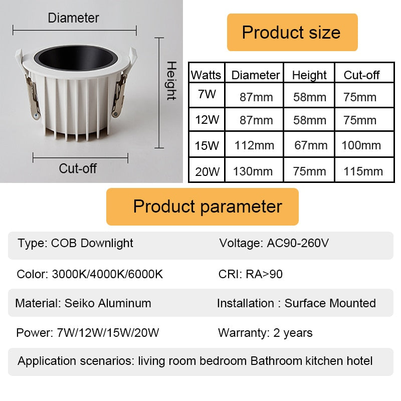 Embedded Ceiling Led Downlight 15W Home Hotel Villa Waterproof Anti-Fog and Moisture-Proof Super Bright Cob Anti-Glare Downlight