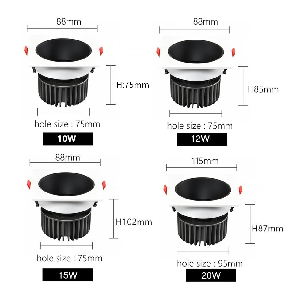 DBF 2021 NEW Square Anti Glare LED Downlights Dimmable 7W 12W 15W 20W Frame Changeable Indoor Ceiling Spot Lights AC220V 110V