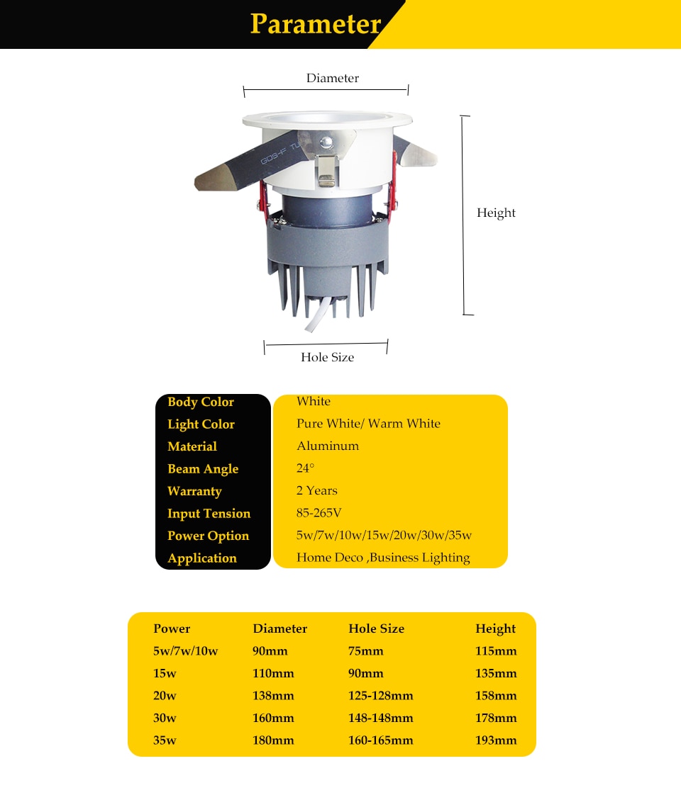 NEW 10W LED COB Recessed Downlight Ceiling Lamp Anti-glare Spot Light Bulb Pure/Warm White