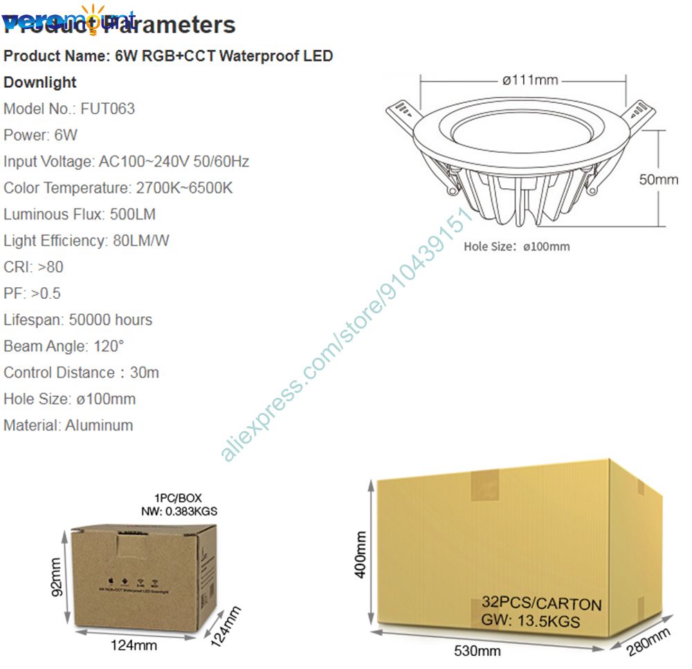 MiBoxer FUT063 6W RGB+CCT LED Downlight AC110V 220V Ceiling Spotlight 2.4G RF Wireless WiFi APP Alexa Google Voice Control