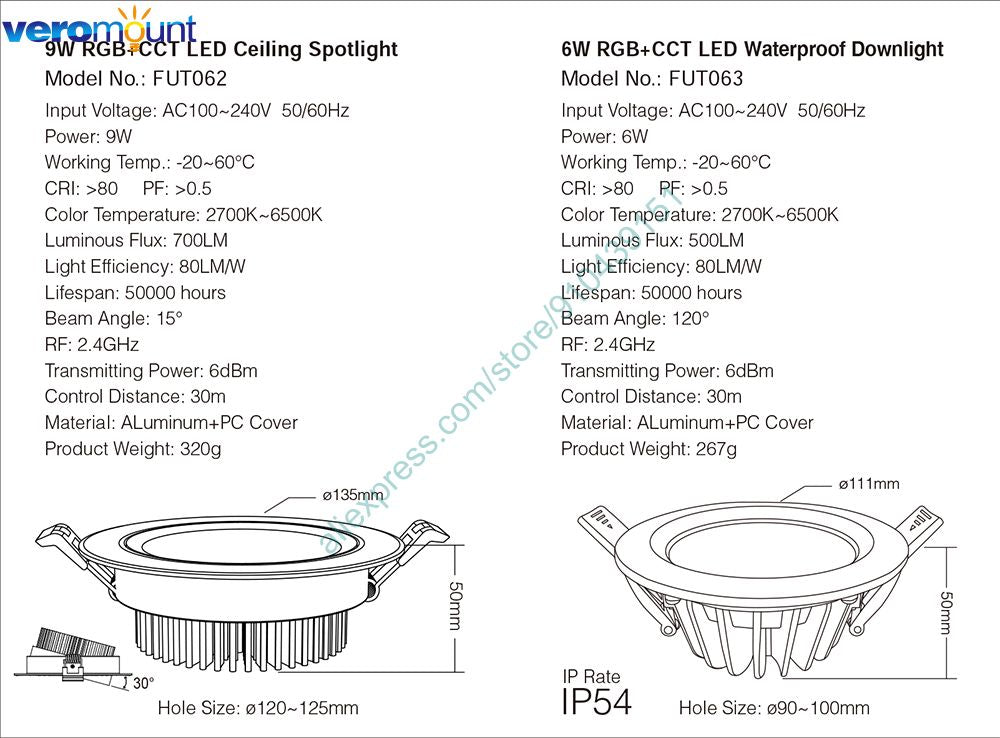 MiBoxer FUT063 6W RGB+CCT LED Downlight AC110V 220V Ceiling Spotlight 2.4G RF Wireless WiFi APP Alexa Google Voice Control