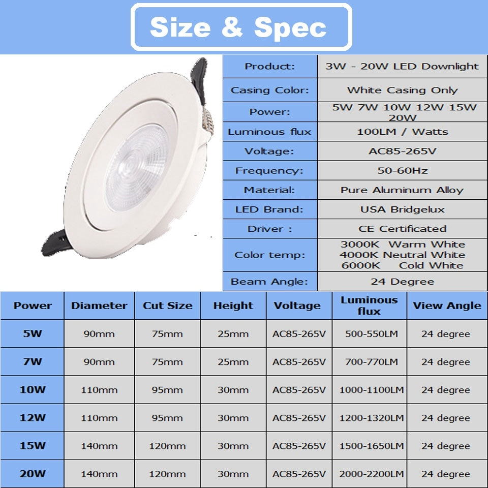 LED Downlight COB AC220V GD 5W 12W 15W 20W Non Dimmable Ceiling Spot Lighting Anle Adjustable LED Spot For Home Decor + Driver