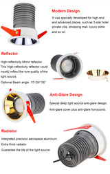 Dimmable 0-10V 12W LED COB Ceiling Lamp AC85-265V Aluminum Recessed Downlights Round Led Spot Light