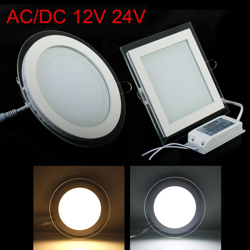 AC/DC 12V 24V 24W Round/Square Glass LED Downlight Recessed LED PanelLight Warm/Natural/Cold White 12V 24V +Driver