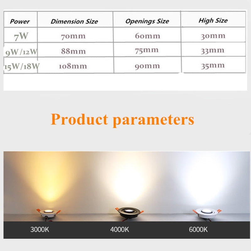 Dimmable recessed LED Downlights Angle Adjustable COB Ceiling Lamp Spot Lights 7w 9w 12w 15w 18w Rotating LED downlight AC85-265V