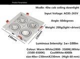 Dimmable super bright 4 heads recessed square LED Downlights COB 40W LED Spot lights LED decoration Ceiling Lamp AC85-265v