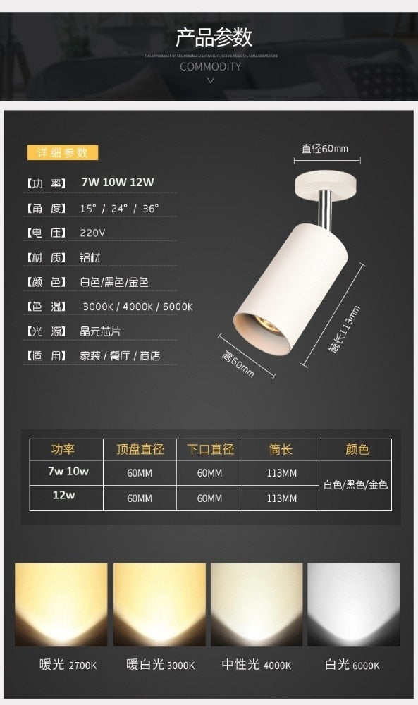 LED Downlight Dimmable 7W 10W 12W 10 PCS COB surface mounted Spot lights Led Ceiling Spot Light AC85-265V For Clothing Shop