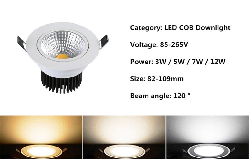LED Dimmable Led downlight light COB Ceiling Spot Light 3w 5w 7w 12w 85-265V ceiling recessed Lights Indoor Lighting