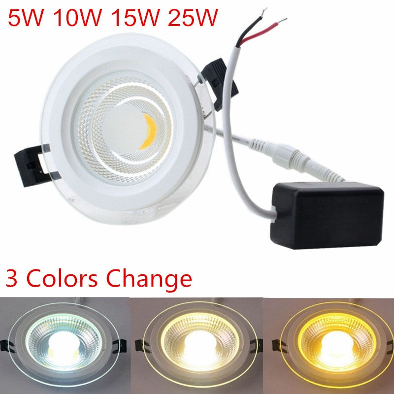 LED Downlight 3 Colors Change(3000K/4000K/6000K) 5W 10W 15W 25W COB LED Panel Light AC85-265V Recessed Glass LED Downlights