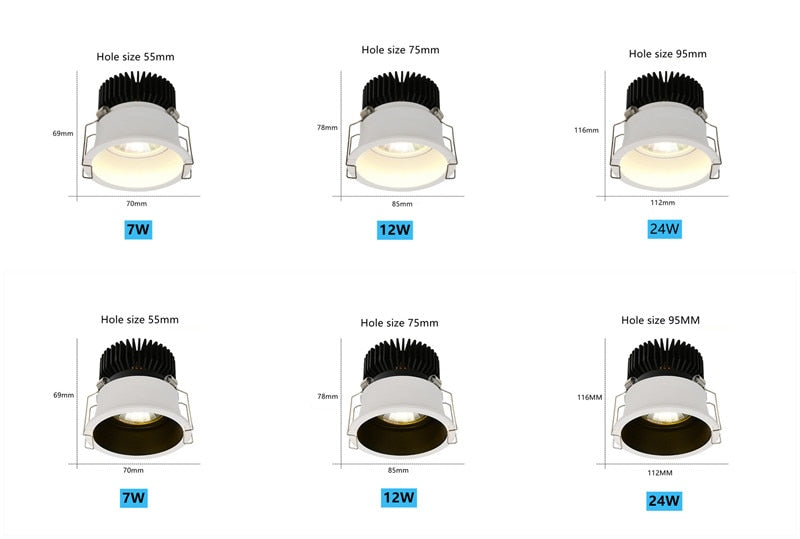 Anti-glare Downlight Round LED Spot Lights 7W 12W 24W Dimmable 110V 220v 38° Ceiling Lamp Warm white For Living Room Lighting