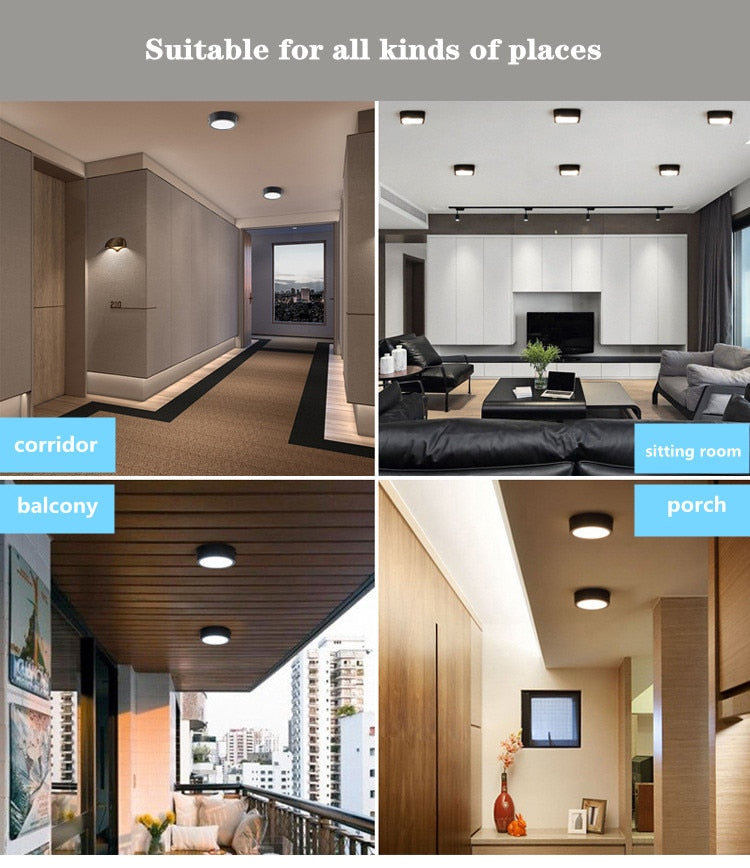 LED Panel Light black 9w 12W 18W 24w Surface Mounted LED Ceiling Lights AC85-265V Round Square LED Downlight