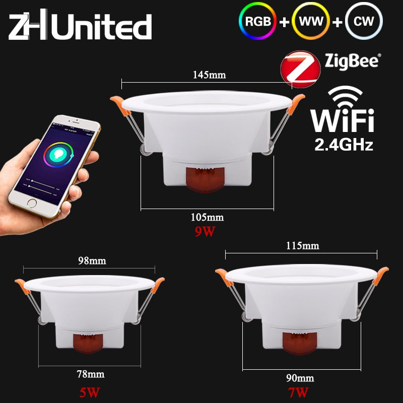 Zigbee 9W 7W 5W LED Downlight RGBCW Dimmable Spot Lights Ceiling Lamp Indoor Light Works with Alexa App/Voice/Remote Control