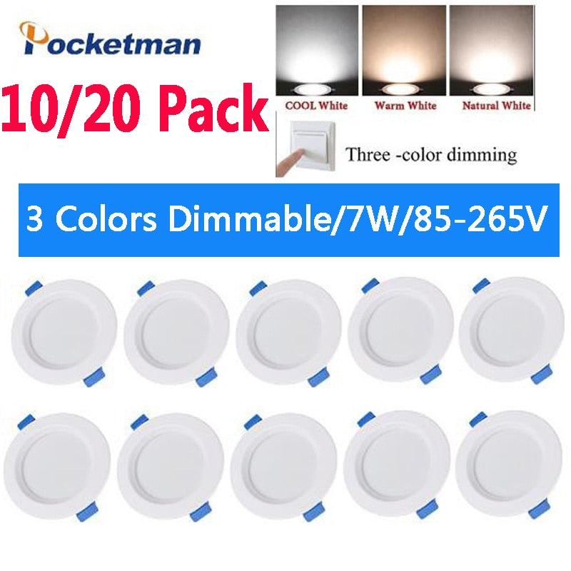 Dimmable LED Ceiling Light 85-265V 7W Round Recessed 10/20 Pack 3 Color Down Light Home Light Downlight Ceiling Lamp