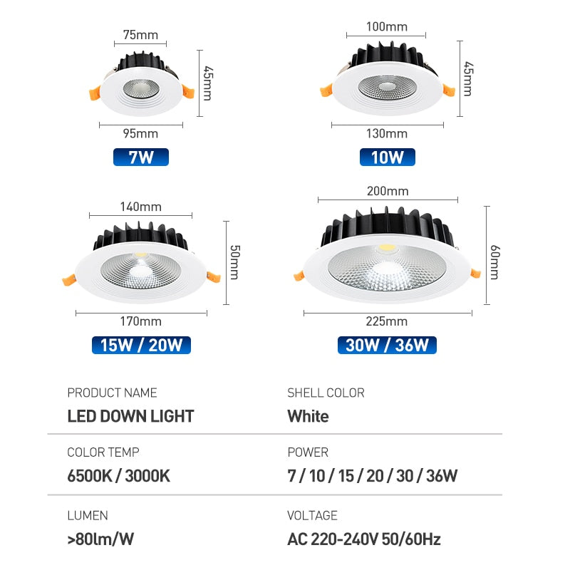 LED Downlight Recessed Round Aluminum LED Ceiling Lamp High Brightness 7W 10W 15W 20W 30W 36W Spotlight Warm Cold White 220-240V
