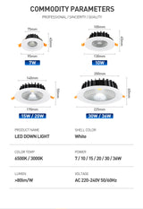 LED Downlight Recessed Round Aluminum LED Ceiling Lamp High Brightness 7W 10W 15W 20W 30W 36W Spotlight Warm Cold White 220-240V