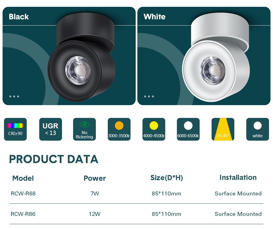 Led Surface Mounted Ceiling Downlight Round Curve Adjustable 90 degrees Nordic Spot light For Living Room Foyer Store AC90-265V